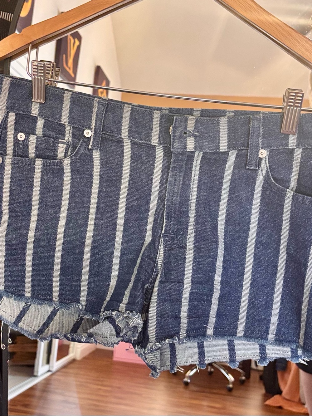 7 For All Mankind Blue & Light-Blue Vertical-Striped Denim Cutoff Shorts